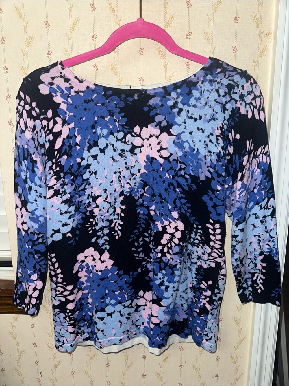 Talbots Petite MP Blue Pink Floral 3/4 Sleeve Knit Top